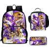 A set of black multi-compartment backpacks featuring purple and gold graphic designs with sports figures.