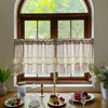 Beige gingham crochet lace curtain valance displayed in a wooden window frame with various decorative items.