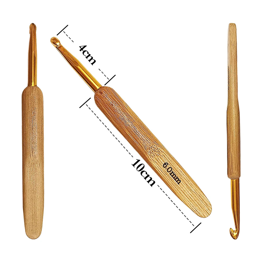 A set of bamboo knitting and crochet needles showing various sizes and lengths.