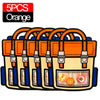 Five orange cartoon goodie bags with blue accents for birthday parties