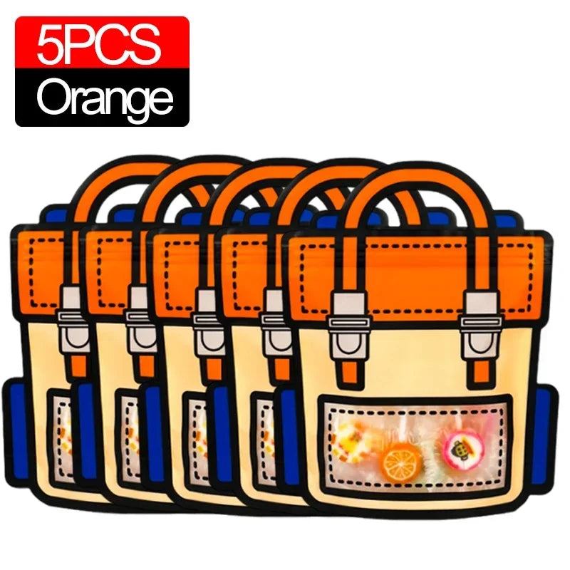 Five orange cartoon goodie bags with blue accents for birthday parties