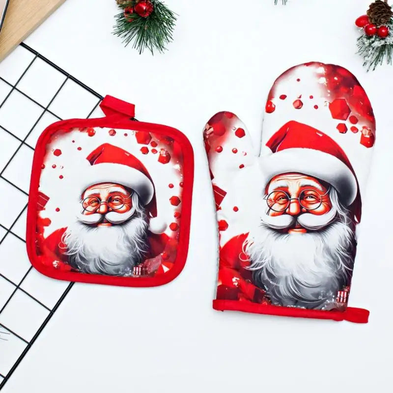 Festive Christmas insulated oven mitts featuring a Santa and snowman design on a red background