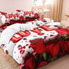 A bedding set featuring a floral pattern with red roses and hearts on white fabric.