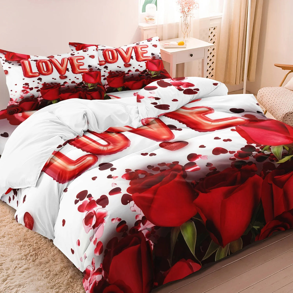 A bedding set featuring a floral pattern with red roses and hearts on white fabric.