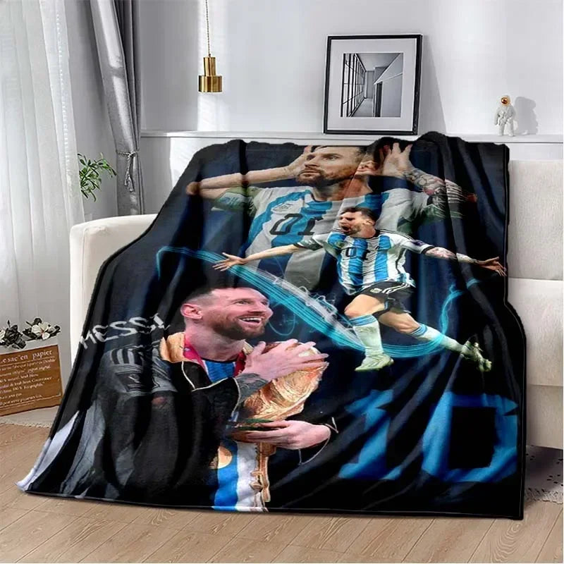 A dark blanket featuring a collage of football players in various poses and colors.