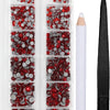 A clear plastic case containing various red and silver crystal rhinestones and an applicator tool for crafting