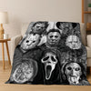A dark, moody illustration featuring various horror movie characters and monsters on a blanket.