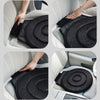 A black rotating car seat cushion is shown being placed into a white car seat for comfort and easy access.