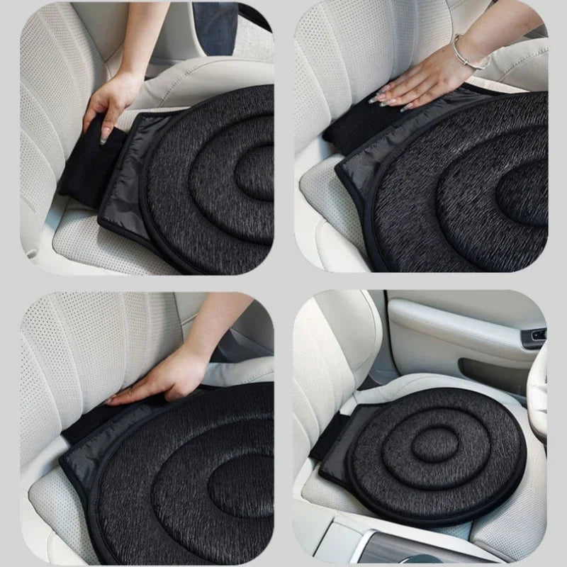 A black rotating car seat cushion is shown being placed into a white car seat for comfort and easy access.