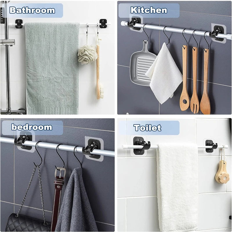 Various bathroom, kitchen, bedroom, and toilet scenes showing No Drill Adhesive Curtain Rod Brackets used for hanging towels 