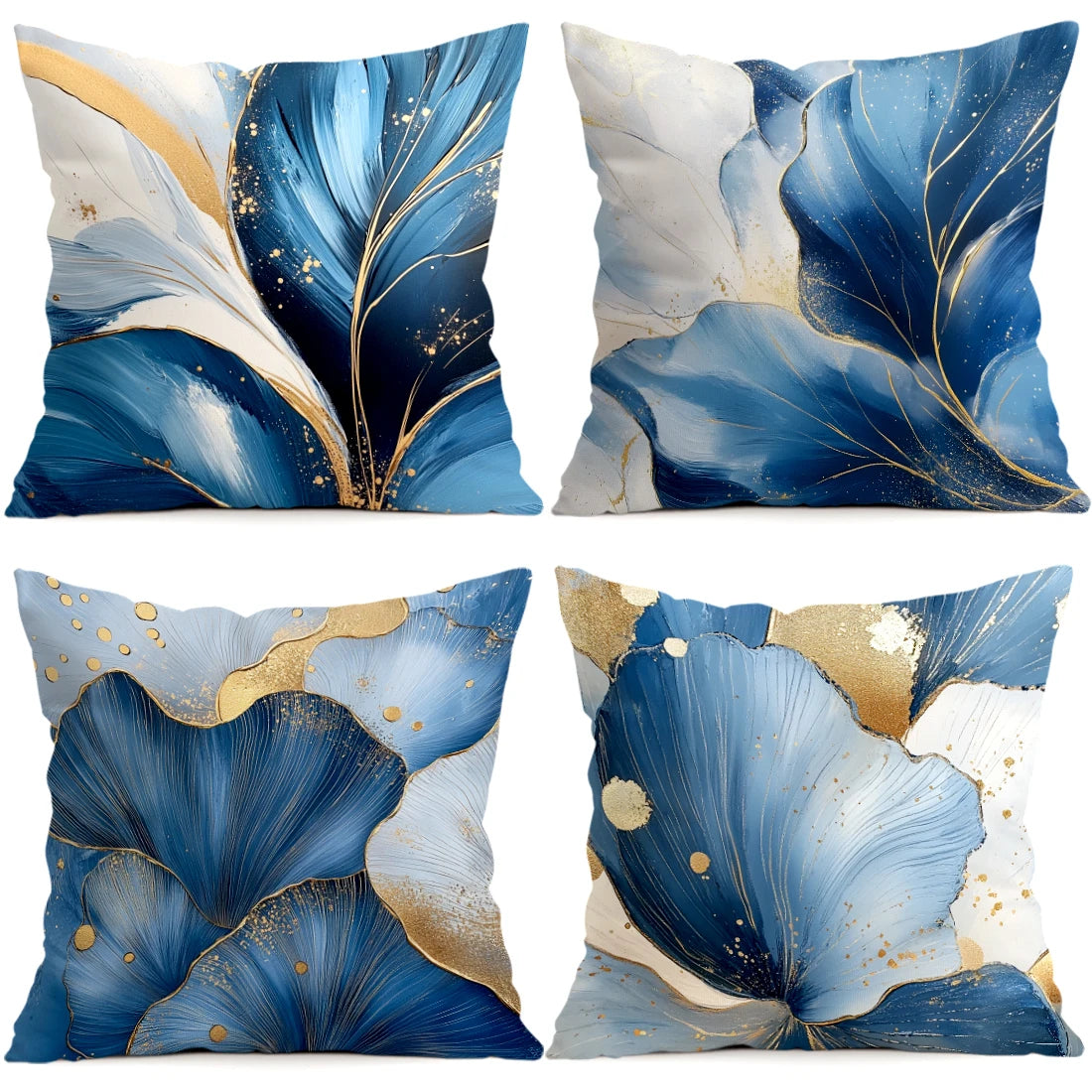Abstract leaf cushion pillow covers featuring blue and white watercolor designs with gold accents