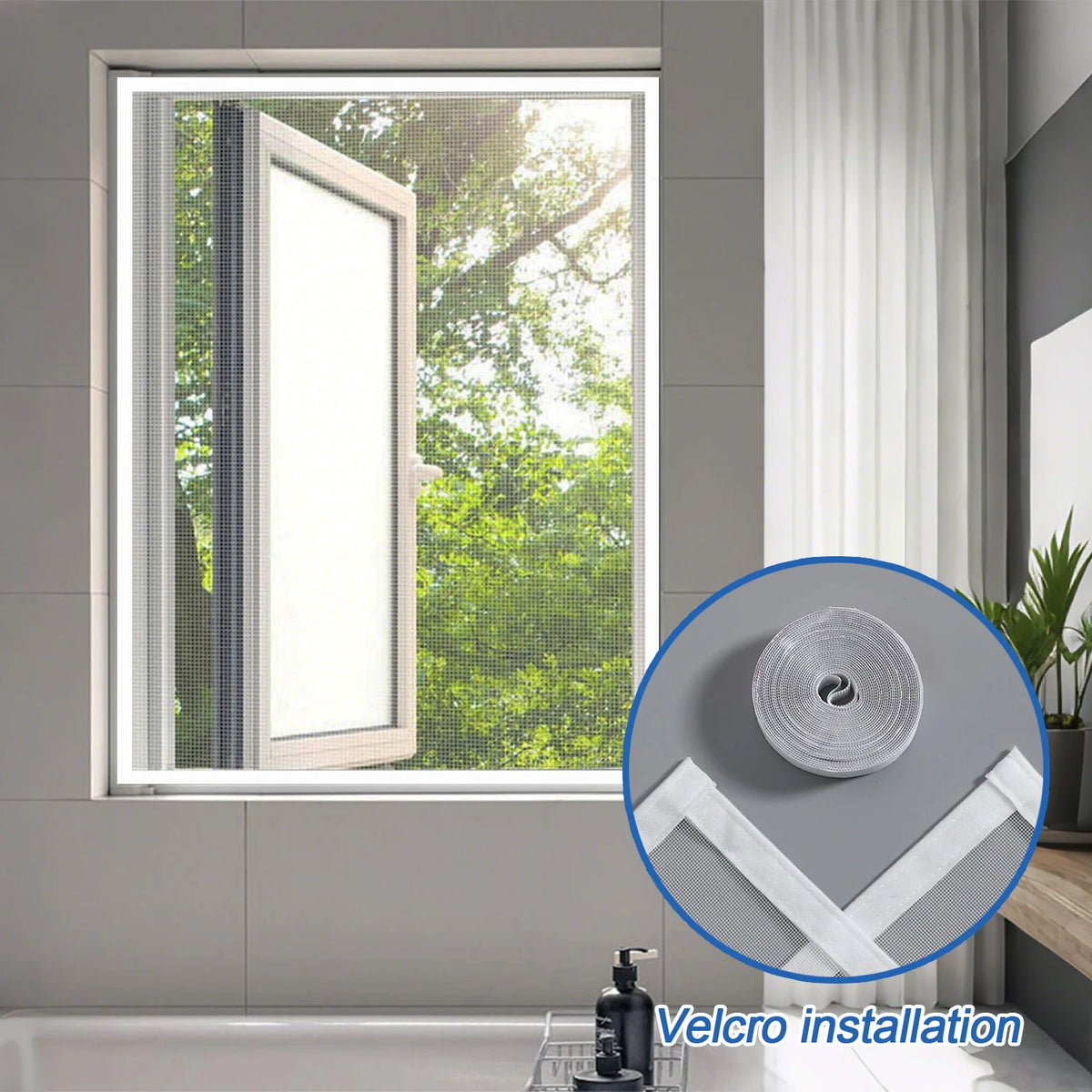 A window with a self-adhesive screen installed, showing a mesh layer for mosquito protection.