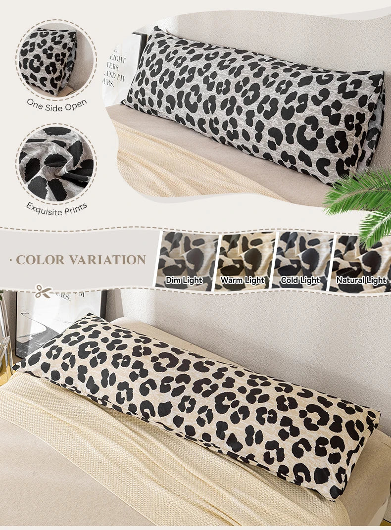 A set of leopard print decorative pillow covers shown in various light conditions and close-ups.