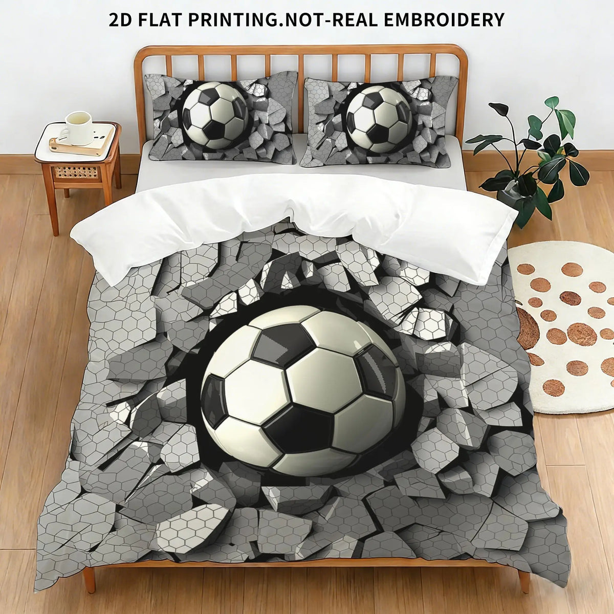 2D flat printing soccer ball bedding set featuring a soccer ball design on a duvet cover and pillowcases
