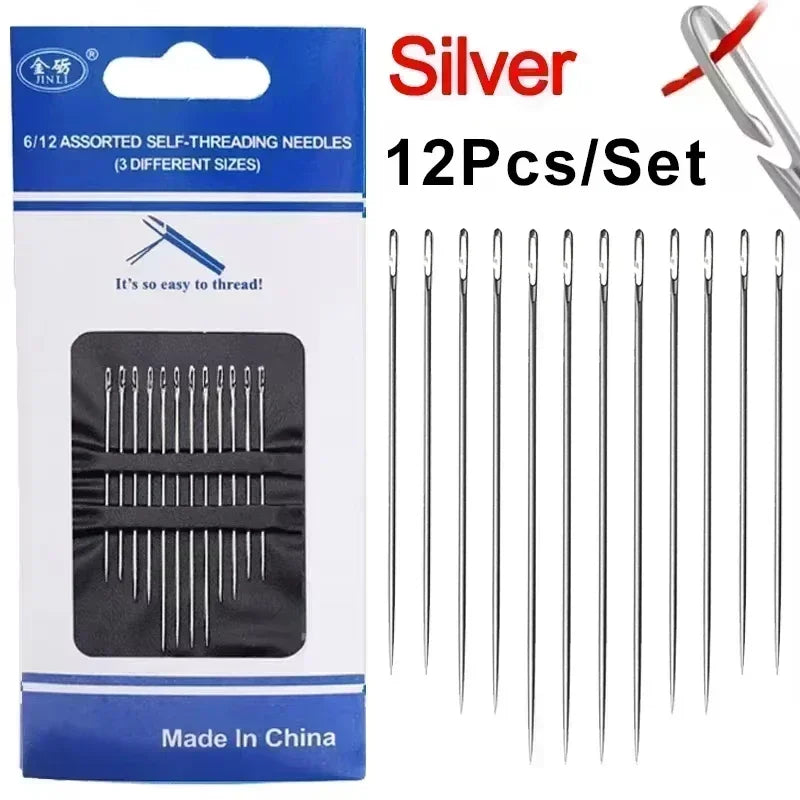 Silver set of 12 assorted self-threading stainless steel sewing needles packaged in a blue box
