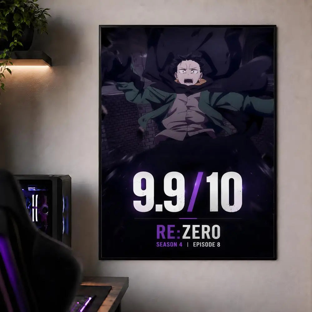 Poster featuring a character from Re:Zero Season 4 Episode 8 with a 9.9/10 rating.