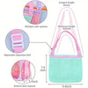 A light green mesh beach bag with pink accents, showing adjustable features and various color options.