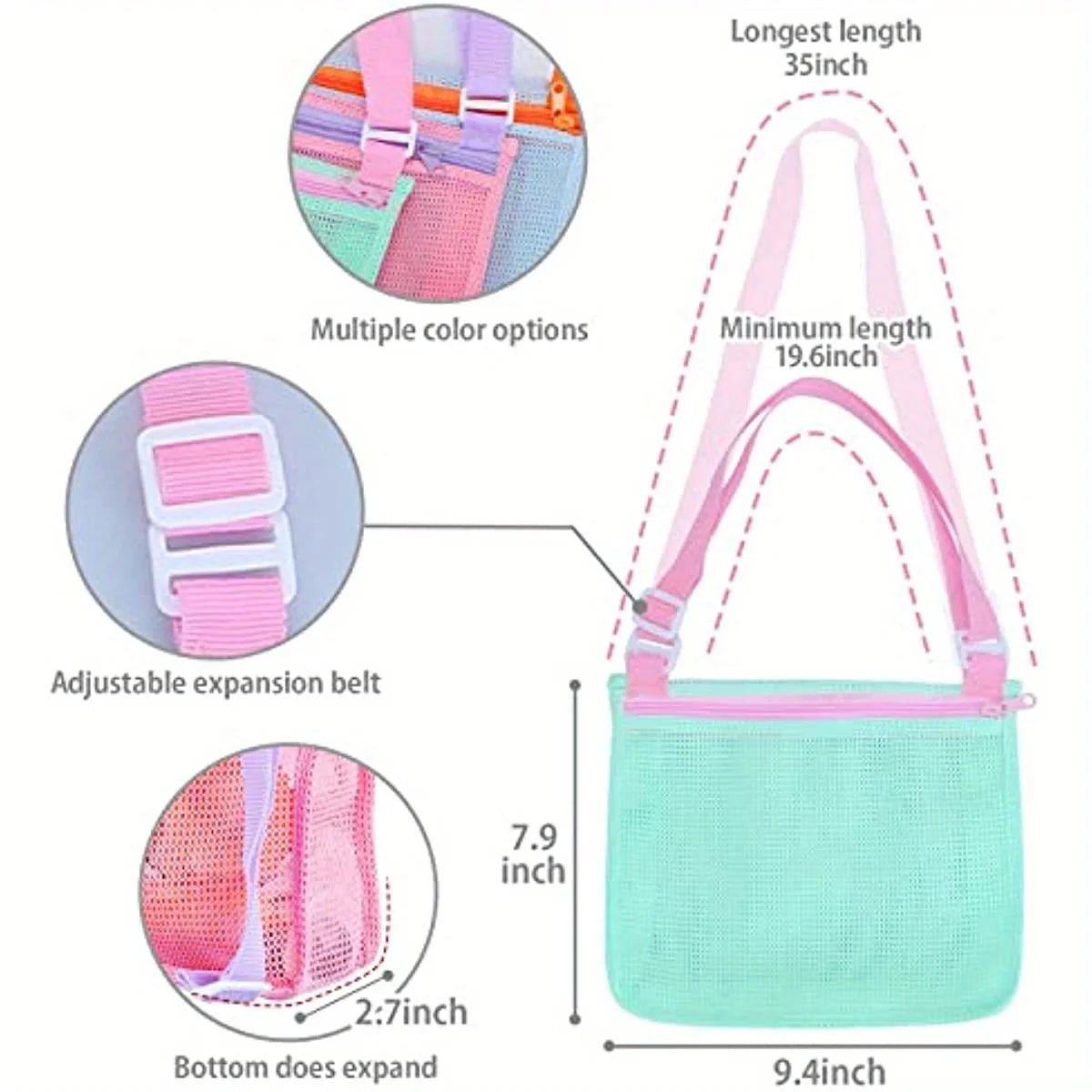 A light green mesh beach bag with pink accents, showing adjustable features and various color options.