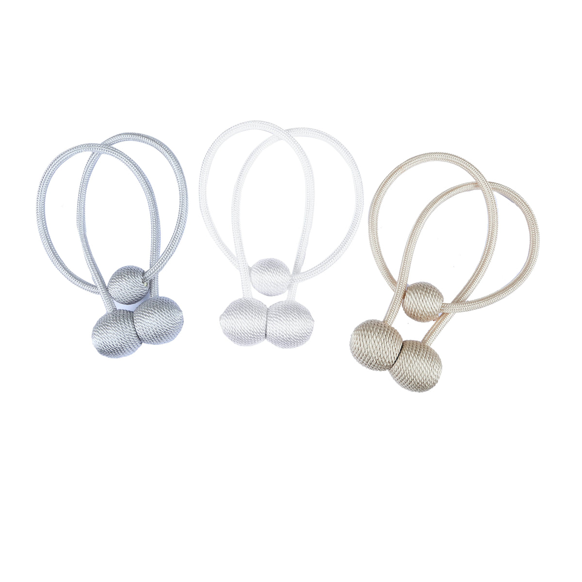 Three sets of silver and beige magnetic curtain tiebacks with looped threads