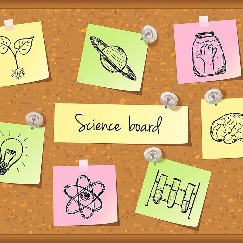 A collection of colorful sticky notes displaying various science concepts like a lightbulb, atom, and brain on an orange back