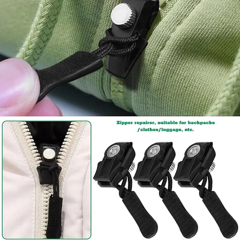 A set of universal detachable zipper repair kits for clothing, bags, and luggage shown in various forms.