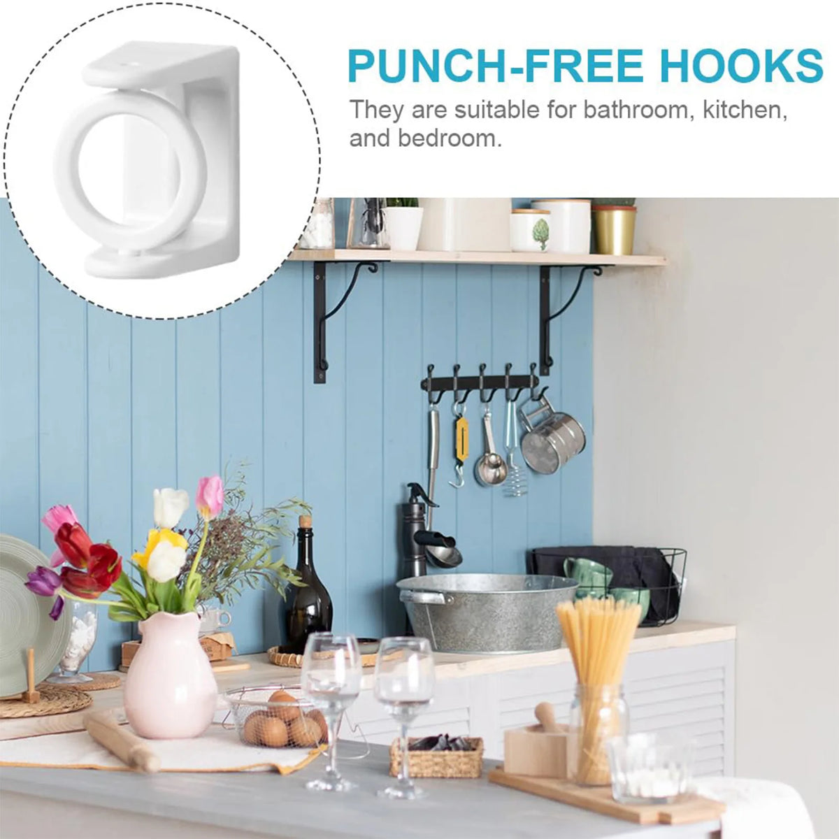 A set of punch-free hooks used for hanging items in a bathroom, kitchen, or bedroom setting.