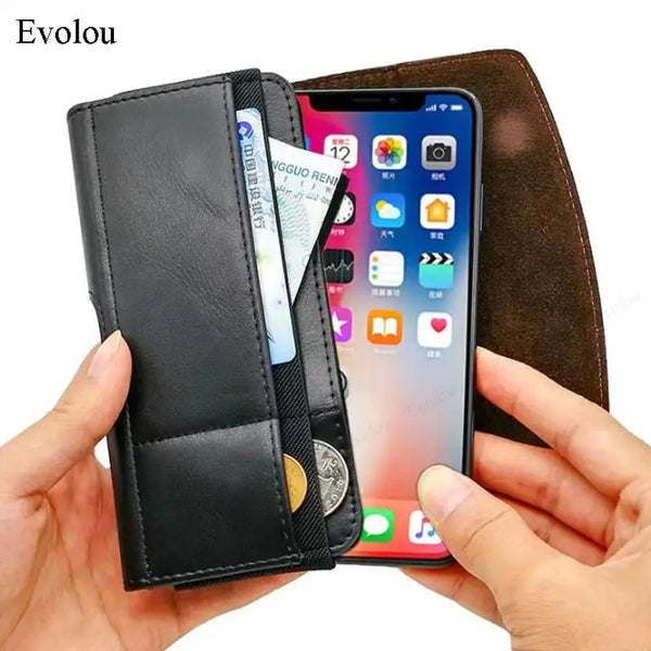 A black leather phone pouch with a magnetic belt clip is shown being held next to an iPhone.