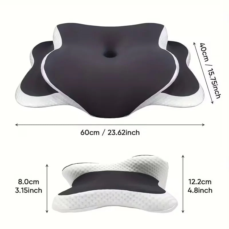 A black ergonomic memory foam butterfly neck pillow shown from the top and side views.