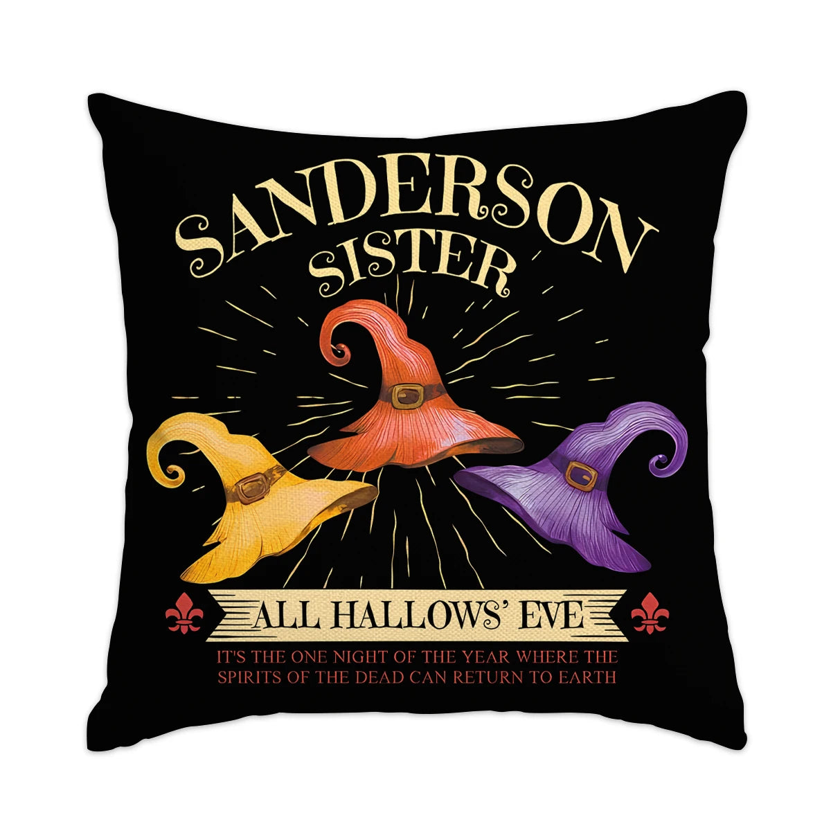 A black pillow featuring gold text that reads Sanderson Sister and All Hallows' Eve with a decorative design.