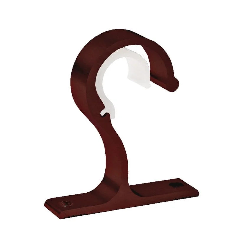 A dark brown heavy-duty curtain rod bracket with a curved hook and a flat base.