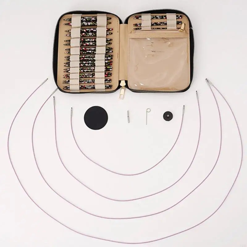 A set of interchangeable round knitting needles with various sizes and colors displayed in an open case.