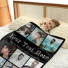 A personalized photo collage throw blanket featuring various photos and the text Your Text Here