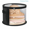 Black collapsible hat storage organizer with a clear front window displaying stacked straw hats.