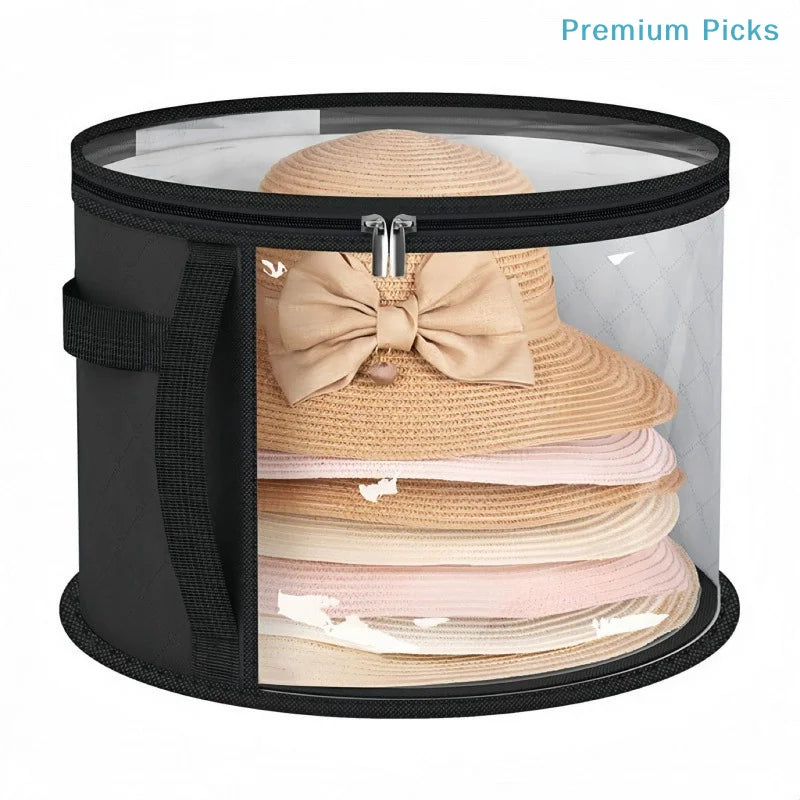 Black collapsible hat storage organizer with a clear front window displaying stacked straw hats.