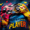 A vibrant, colorful gaming controller design printed on a dark background with paint splatters and the text PLAYER.