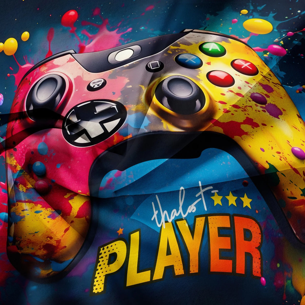 A vibrant, colorful gaming controller design printed on a dark background with paint splatters and the text PLAYER.