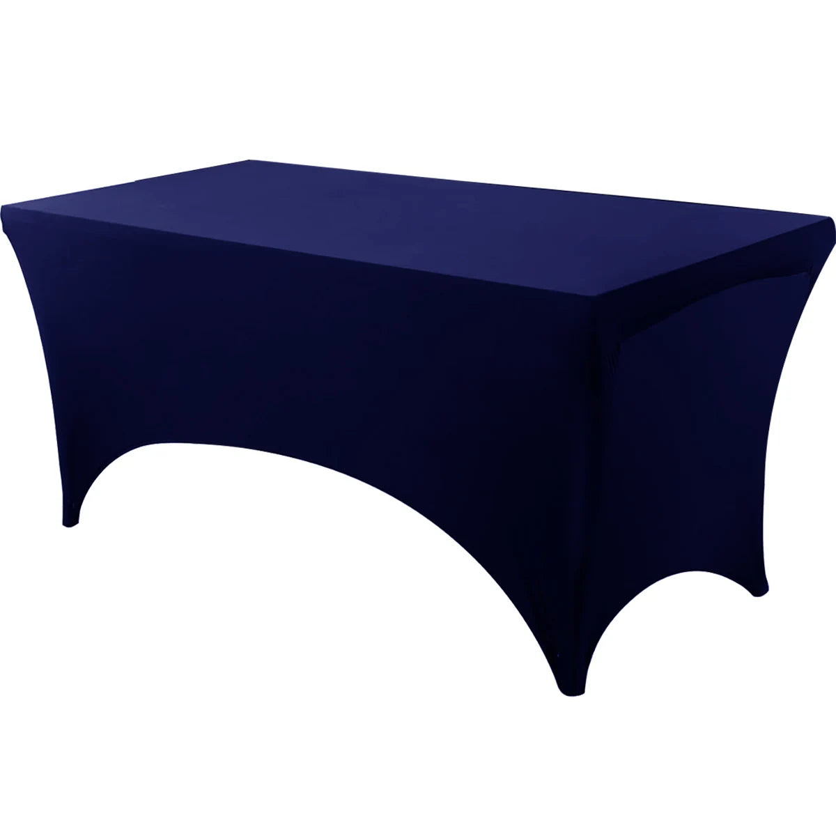 A dark navy blue stretch tablecloth set for dining and event decor.