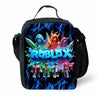 Black cartoon crossbody lunch bag featuring a vibrant blue and orange Roblox theme with character figures.