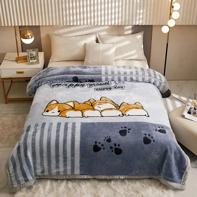 A gray and white striped plush blanket with a happy growth paw print design is displayed on a bed.