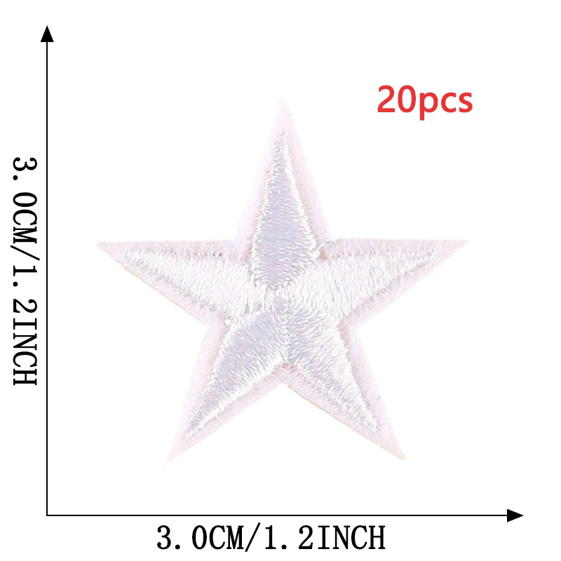 A white five-pointed star embroidery patch is shown against a measurement scale.