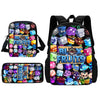 A set of a black cartoon school backpack, shoulder bag, and pencil case featuring colorful Blox Fruits themed designs.