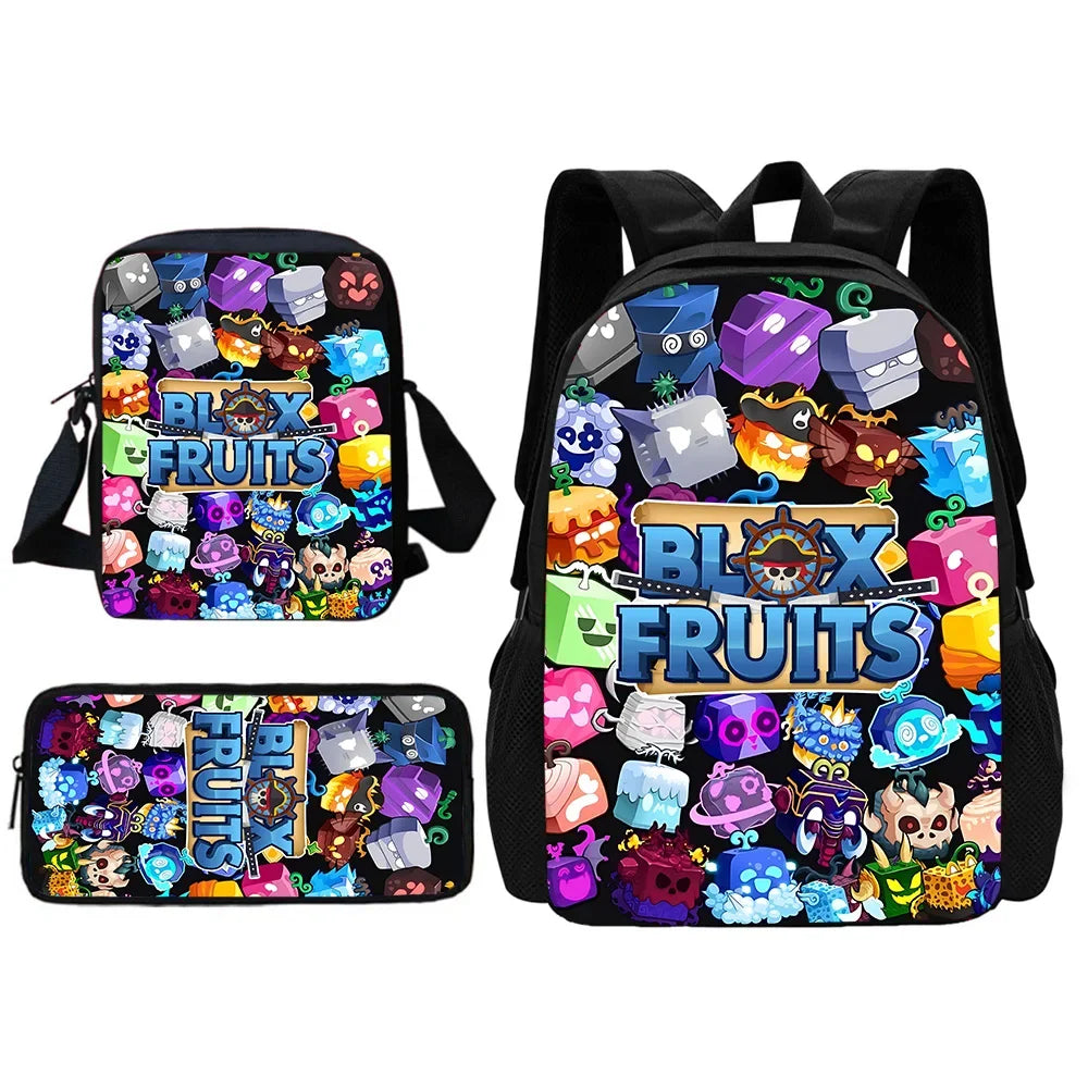 A set of a black cartoon school backpack, shoulder bag, and pencil case featuring colorful Blox Fruits themed designs.