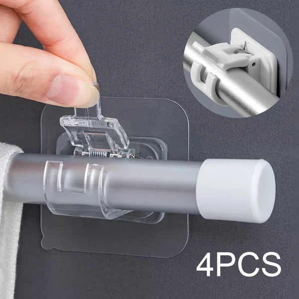 A hand is installing clear plastic hooks onto a silver curtain rod, with an inset showing the hook mechanism.