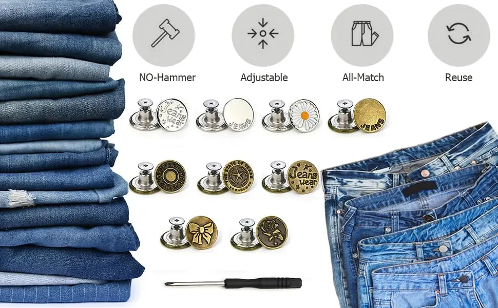 Replacement metal buttons for denim and clothing shown with various features like adjustable and reuse options