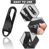 A set of black zipper pulls and replacements for bags and garments shown in various angles.