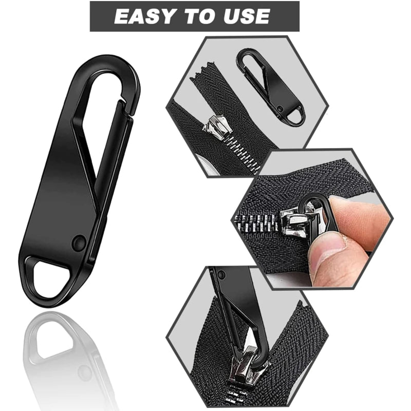 A set of black zipper pulls and replacements for bags and garments shown in various angles.