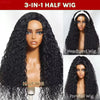 A display of a 3-in-1 half wig featuring long, black kinky curly hair styled in a headband, half wig, and ponytail.