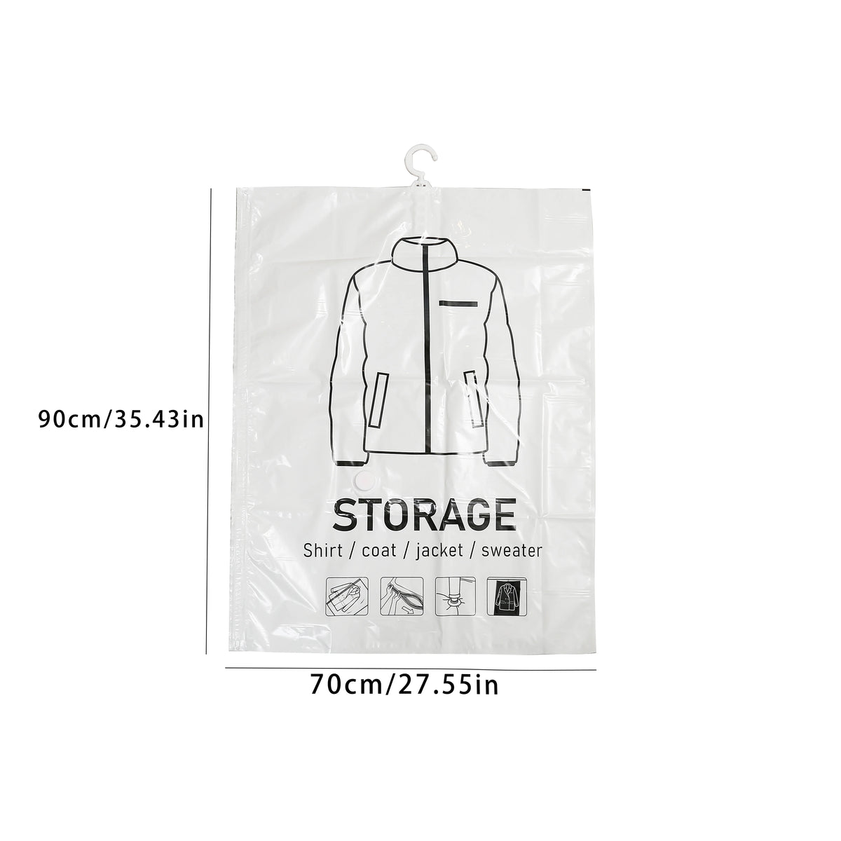A white hanging vacuum storage bag containing a black jacket or coat.