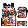 A set of Roblox themed school bags featuring various cartoon characters and vibrant colors.