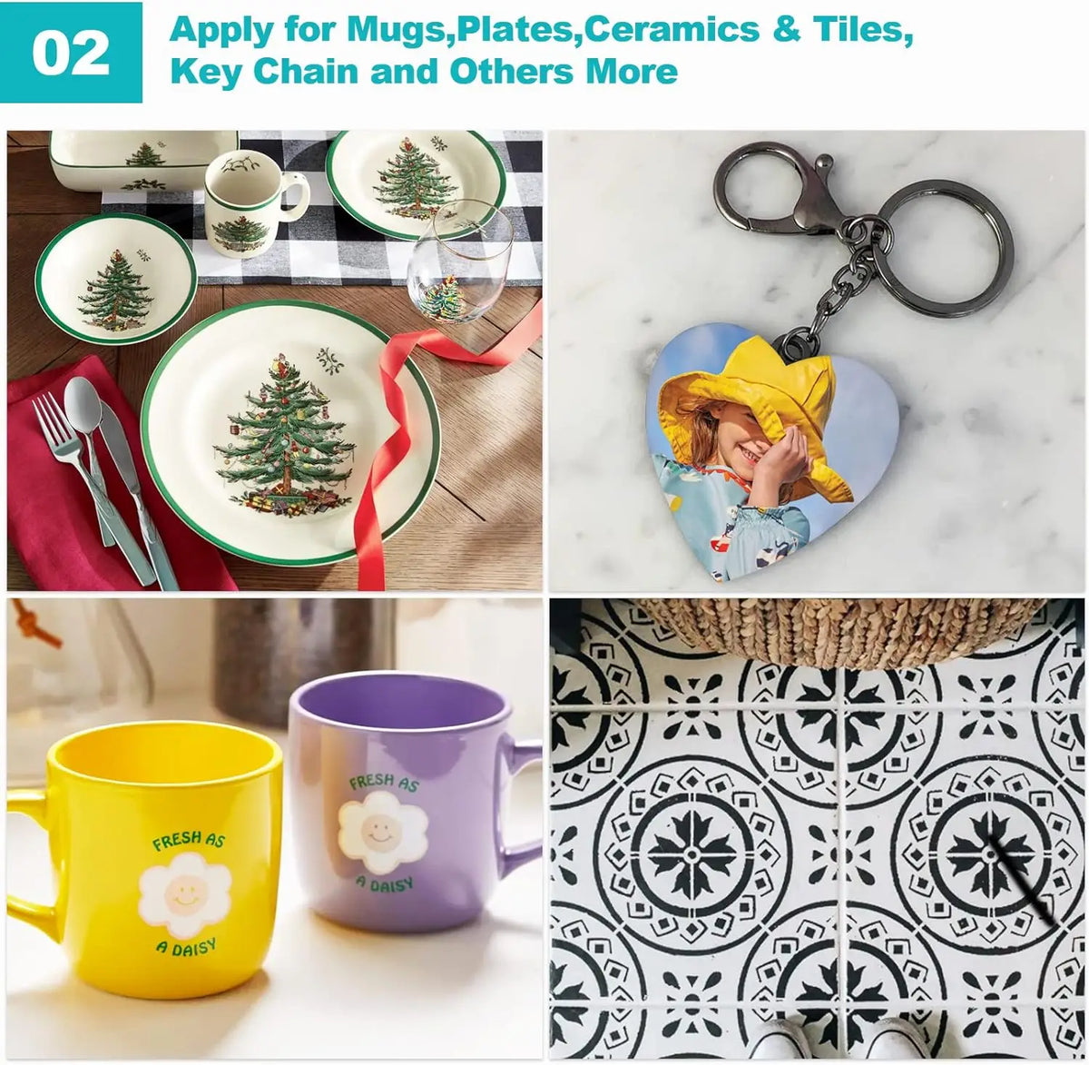 A collection of various items including mugs, plates, ceramics, tiles, a key chain, and other products for application.